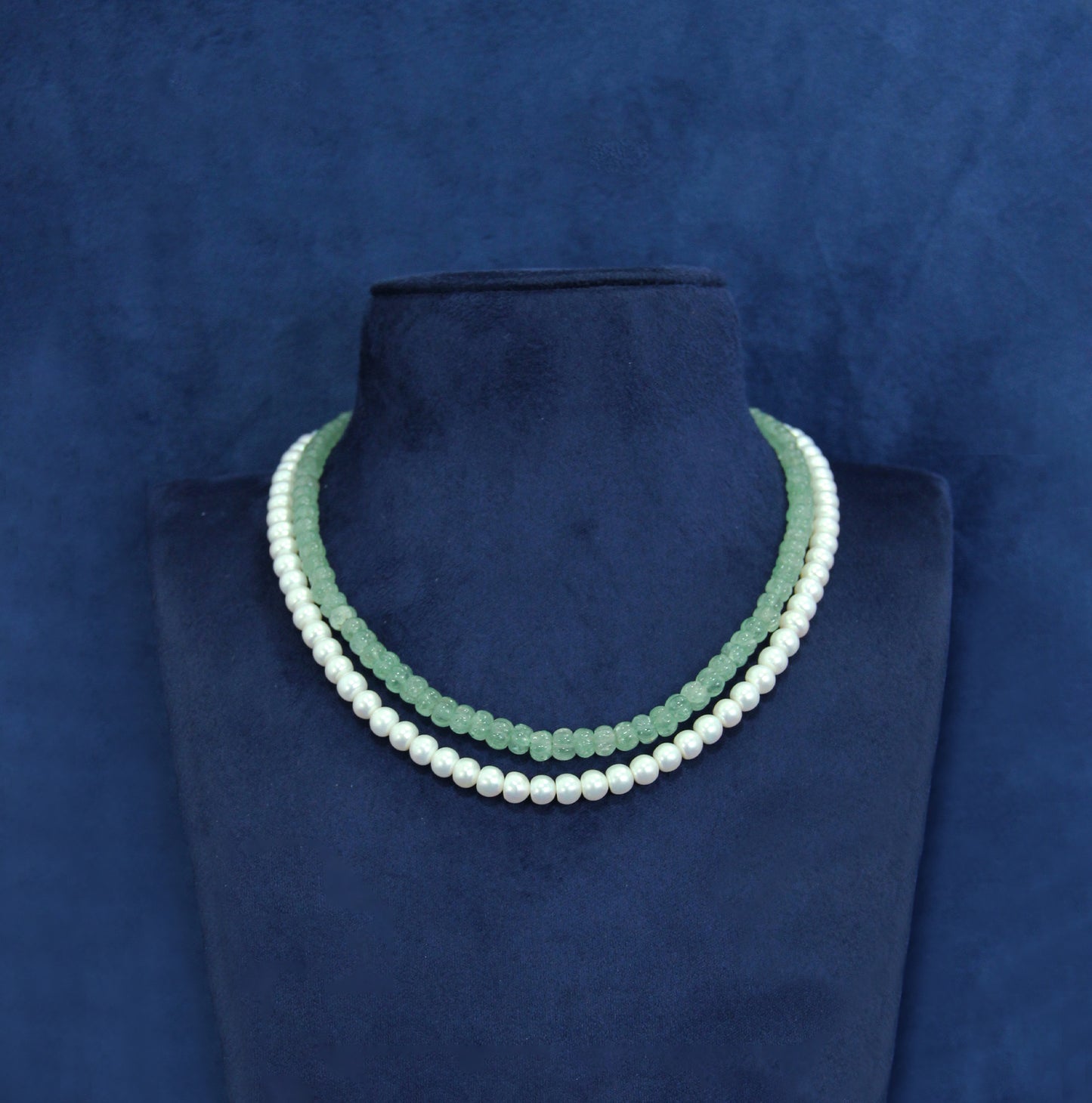 Double line mala with white pearls and ocean green beads