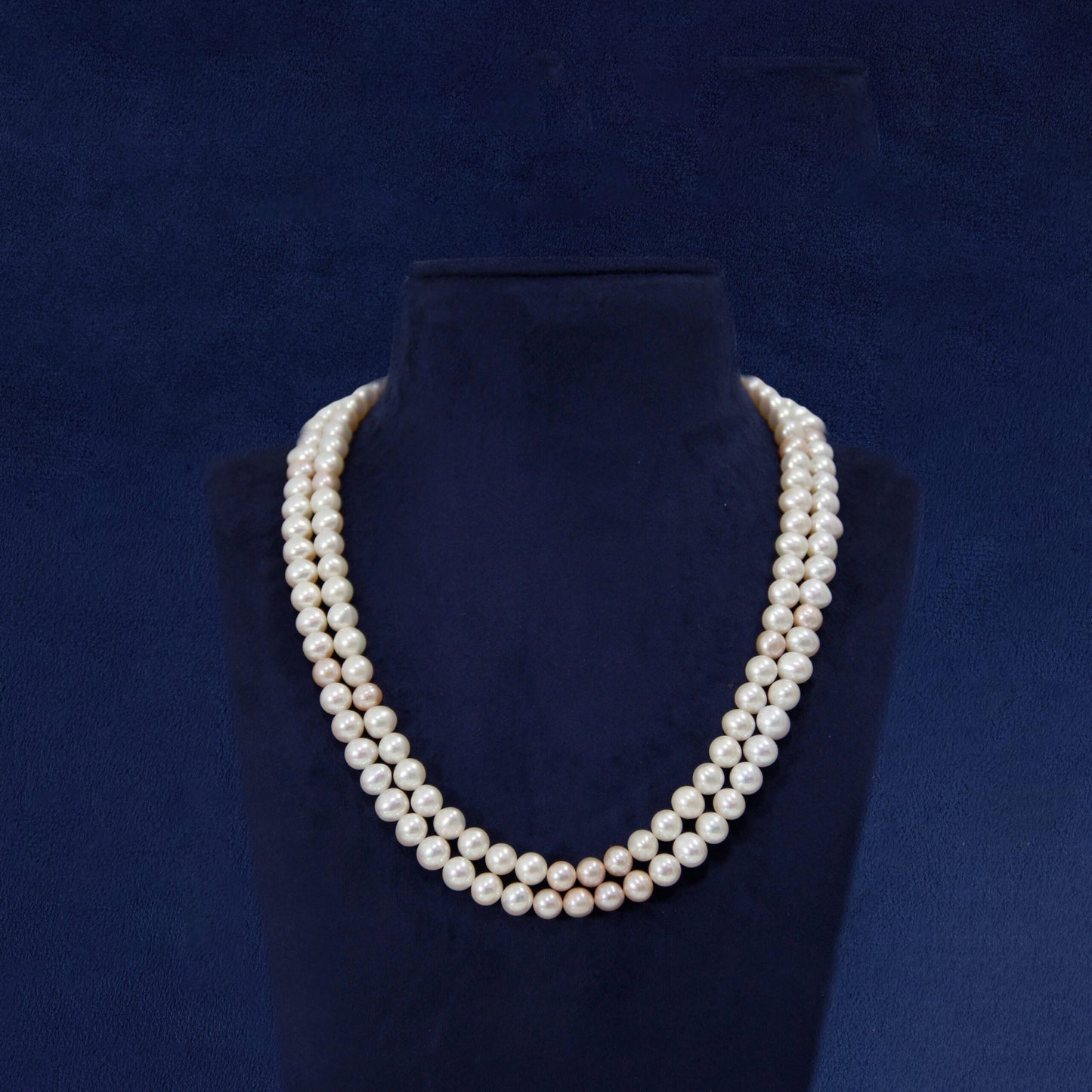 Dual line pink and white pearl mala with 8.5MM graduated pearls