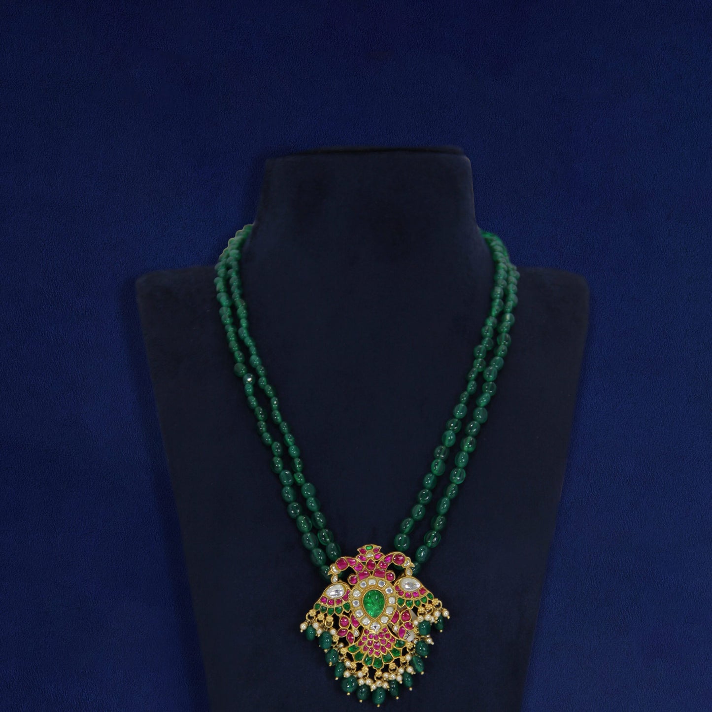 Emerald coloured beads mala with silver detailing