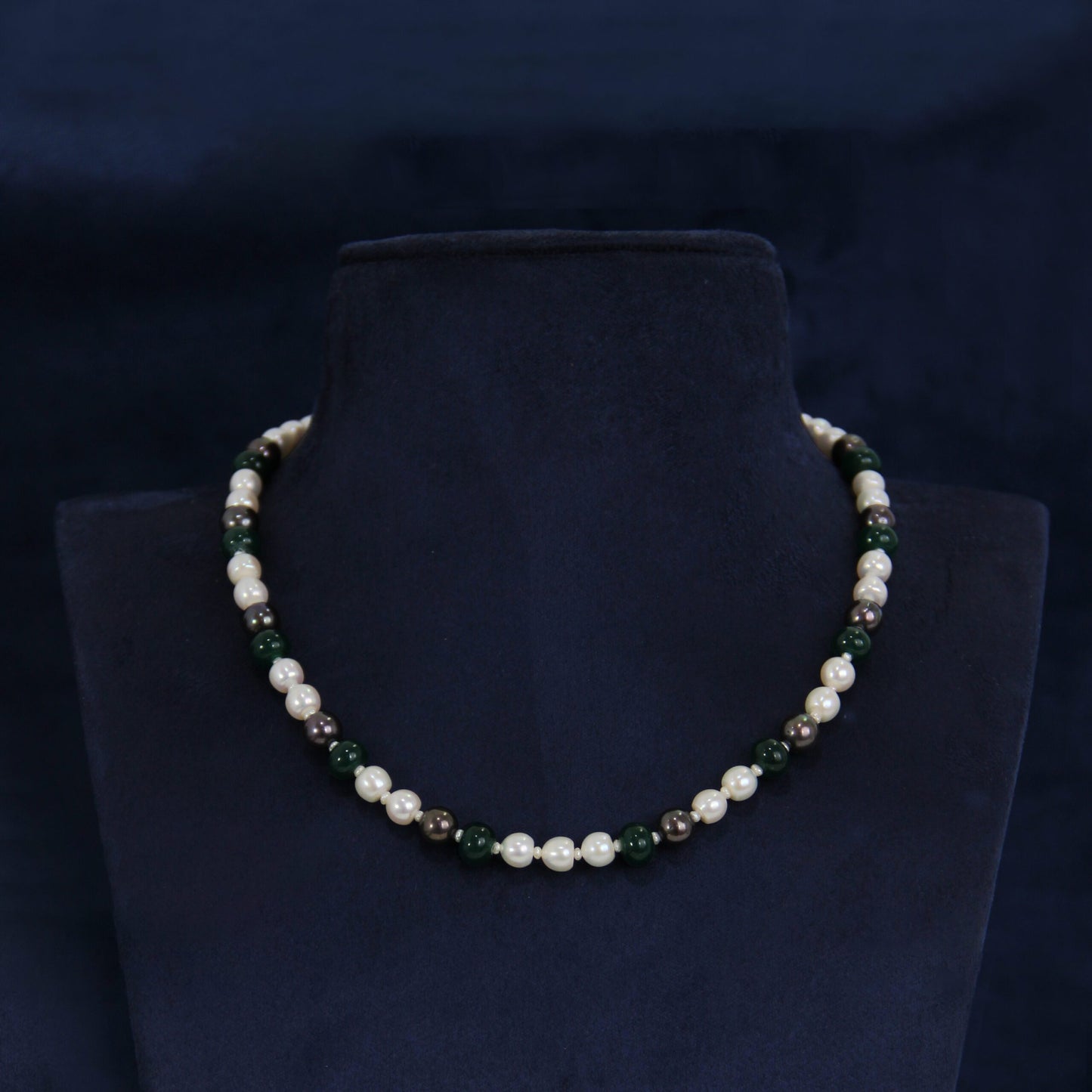 Elegant single line mala with white, gray pearls and green beads