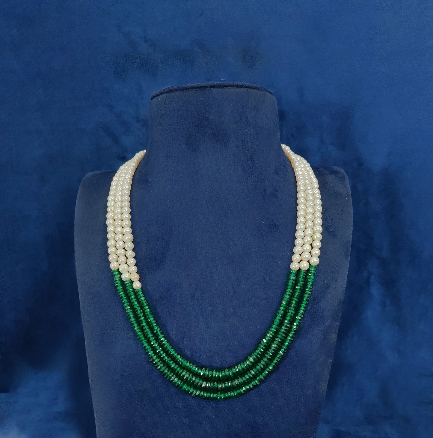 Triple strand white pearl and green beads mala for ethnic wear