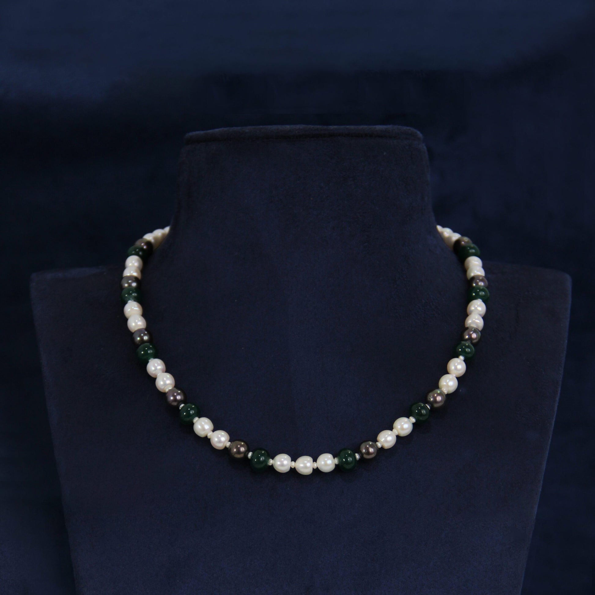 Elegant single line mala with white, gray pearls and green beads